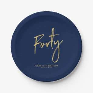 Forty Gold & Navy Blue Lettering 40th birthday Paper Plate