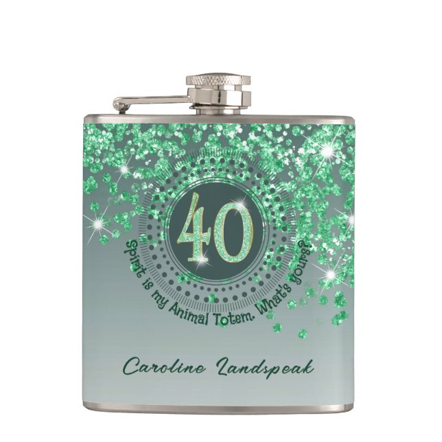 Forty & Green Glitter & Drinking Quote Hip Flask (Front)