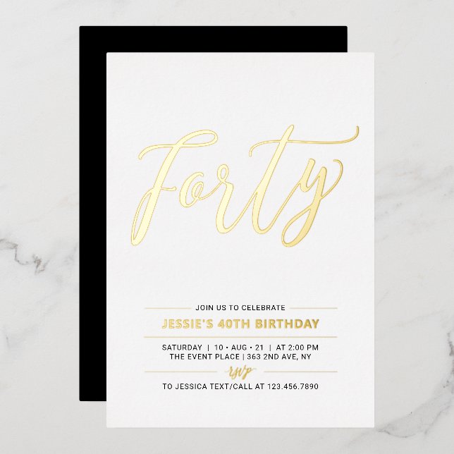 Forty | Modern Gold & Black 40th Birthday Party (Front/Back)