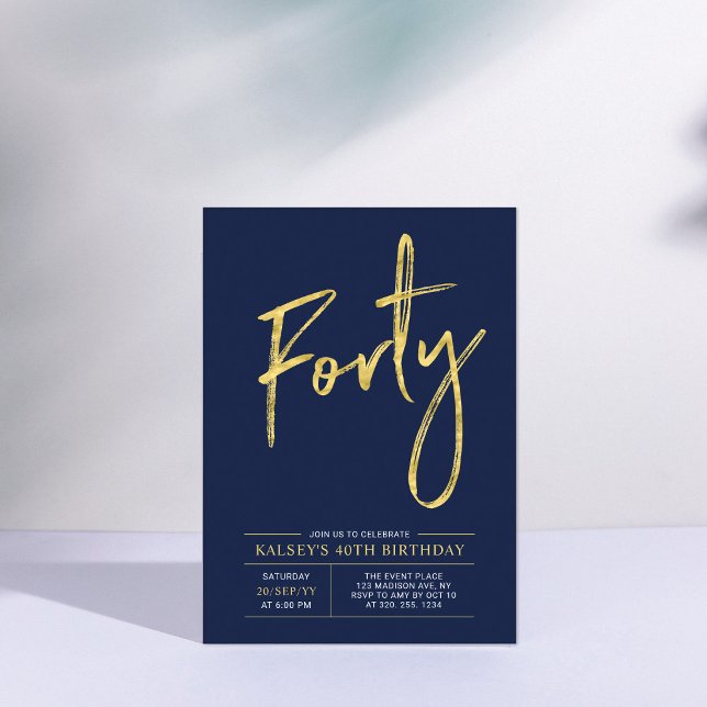 Forty | Modern Gold & Blue 40th Birthday Party Invitation (Creator Uploaded)