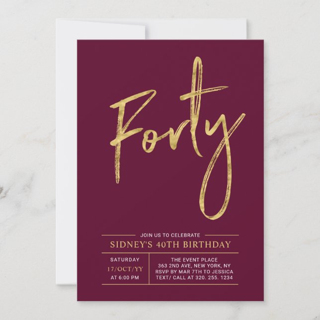 Forty | Modern Gold & Burgundy 40th Birthday Party Invitation (Front)