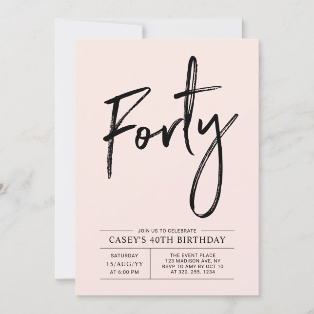 Forty | Modern Pink 40th Birthday Party Invitation (Front)