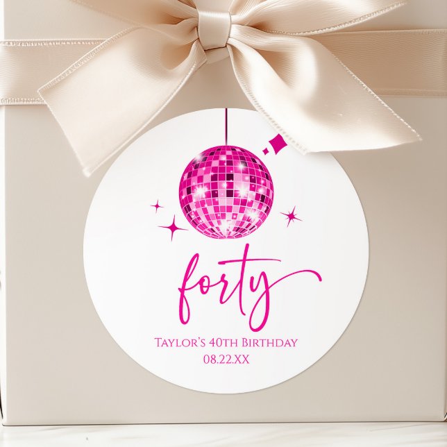Forty Pink Disco Ball 40th Birthday Party Classic Round Sticker (Creator Uploaded)
