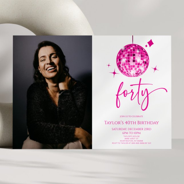 Forty Pink Disco Ball Photo 40th Birthday Party Invitation (Creator Uploaded)
