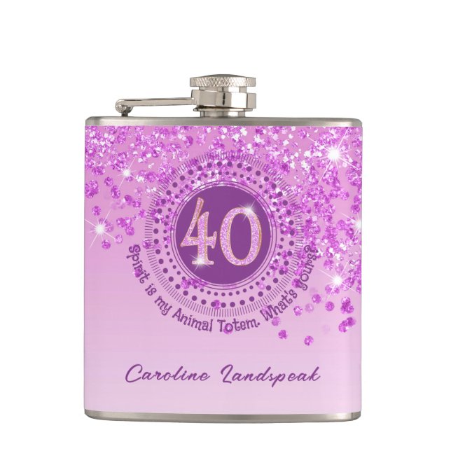 Forty & Pink Glitter & Drinking Quote Hip Flask (Front)