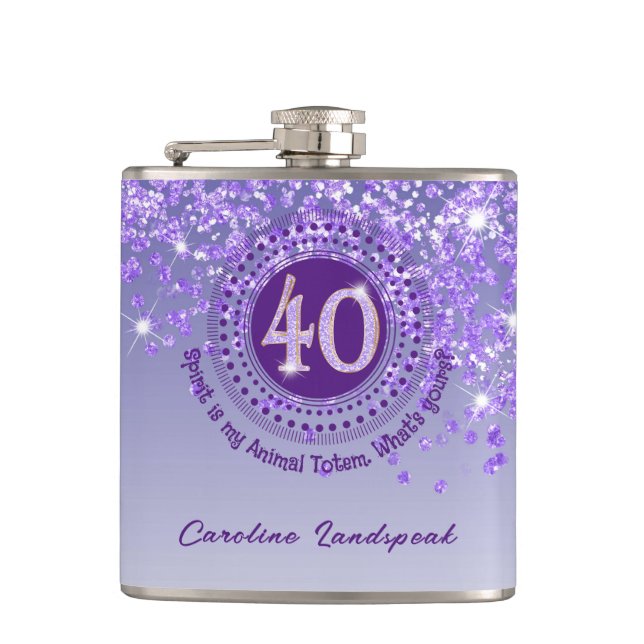 Forty & Purple Glitter & Drinking Quote Hip Flask (Front)