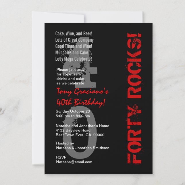 Forty Rocks! Birthday Black White Red Linen Invitation (Front)