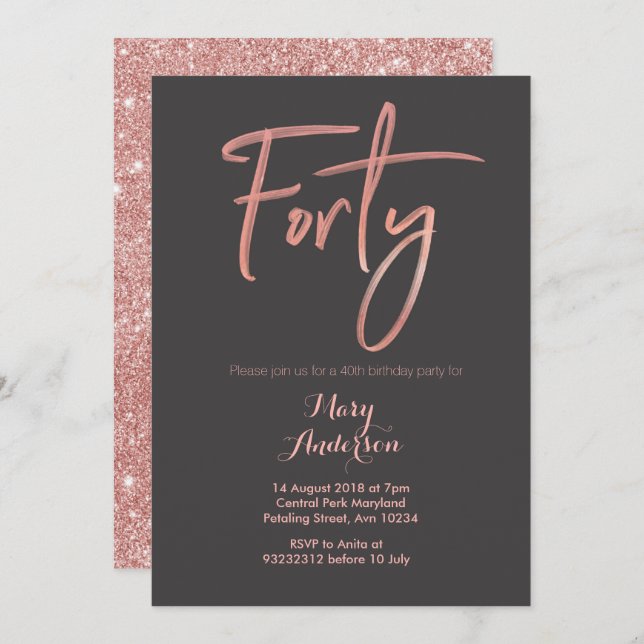 Forty Rose Gold 40th Birthday Invitation (Front/Back)