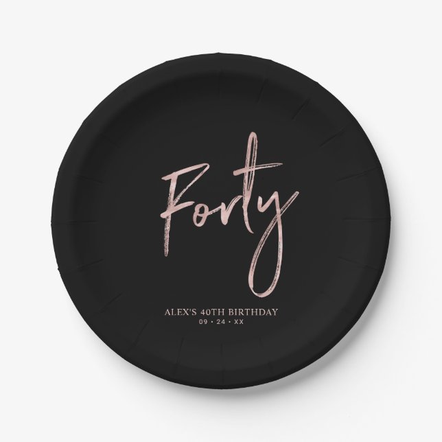 Forty Rose Gold & Black 40th birthday Party Paper Plate (Front)