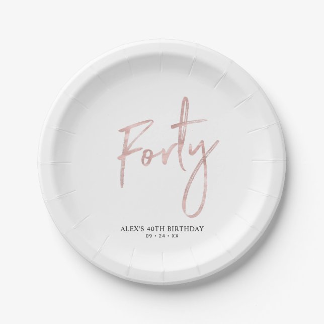 Forty Rose Gold Lettering 40th birthday Party Paper Plate (Front)