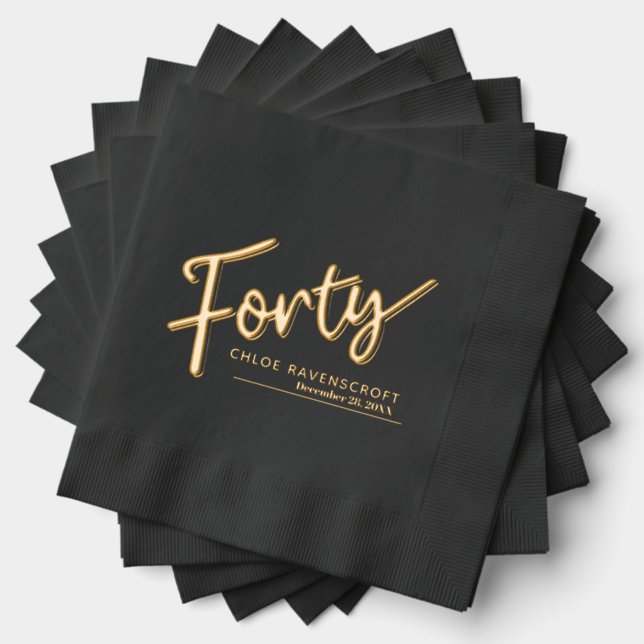 Forty script text custom name and event date foil napkins (Insitu (Stacked))
