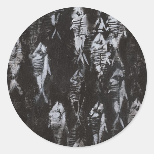 Fossil White Fish on Black Background Classic Round Sticker (Front)
