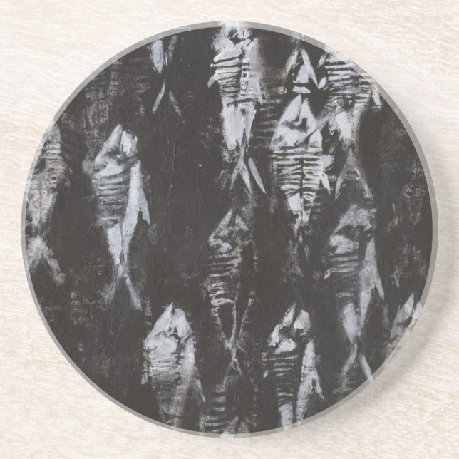 Fossil White Fish on Black Background Coaster (Front)