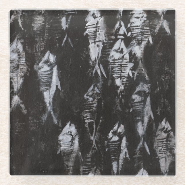 Fossil White Fish on Black Background Glass Coaster (Front)