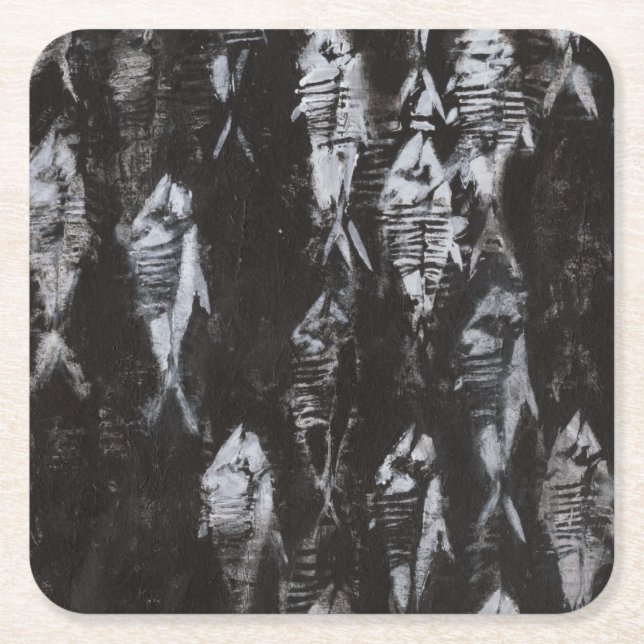 Fossil White Fish on Black Background Square Paper Coaster (Front)
