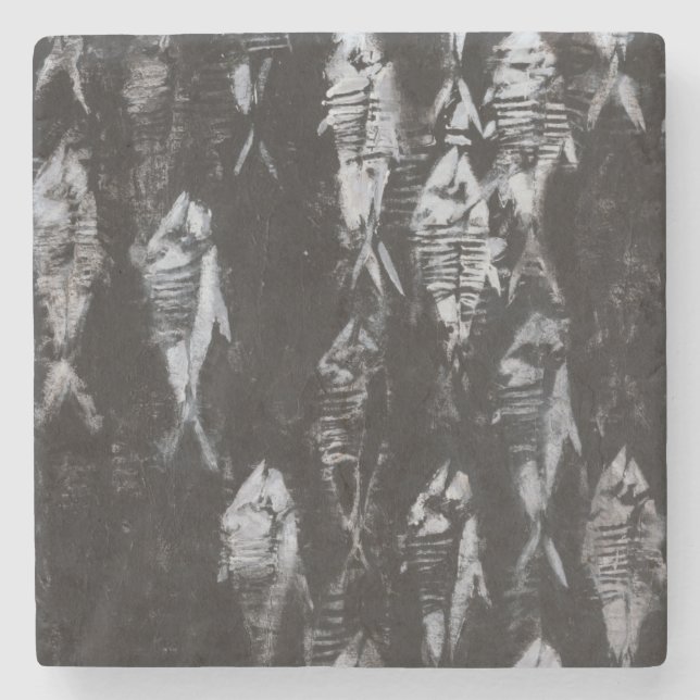 Fossil White Fish on Black Background Stone Coaster (Front)