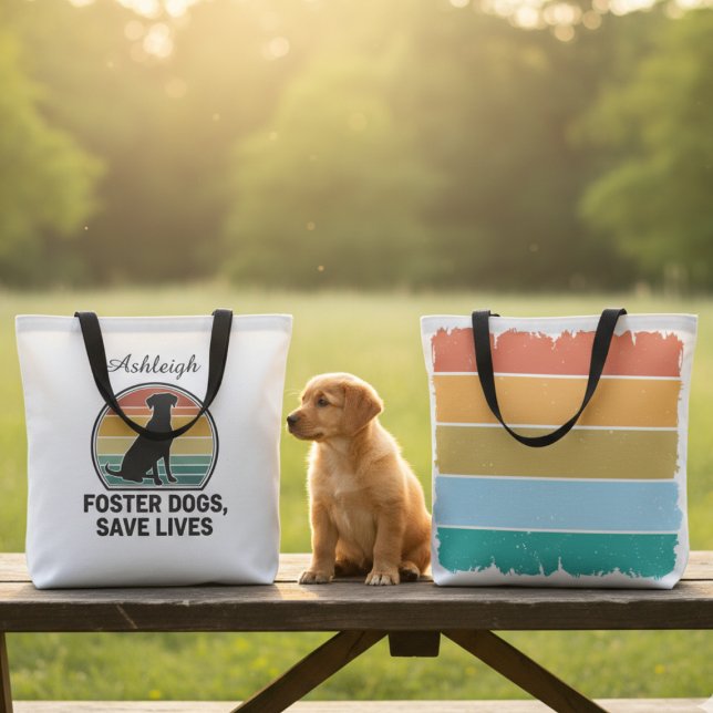 Foster Dogs Save Lives – Vintage Sunset Tote Bag (Dog rescue tote bag)