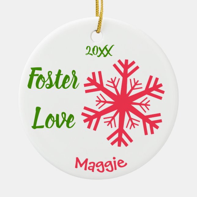 Foster Love - Customised Pink Snowflakes Adoption Ceramic Tree Decoration (Front)