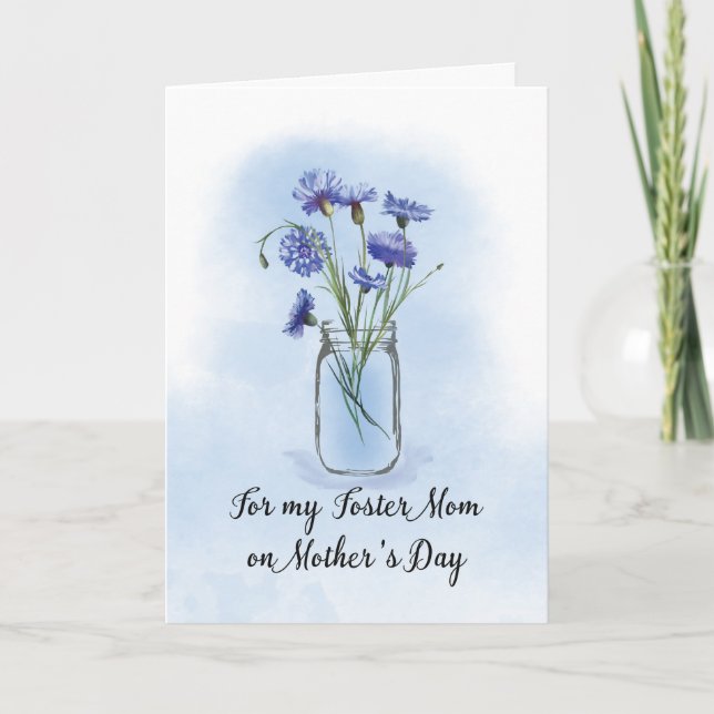 Foster Mum Mothers Day Cornflowers in Mason Jar Card (Front)