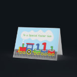 Foster Son 1st Birthday Colourful Train on Track Card<br><div class="desc">If you want to give your foster son a greeting card that he will cherish forever then this is the right card you are looking for. This will forever remind him how happy,  fun and colourful his 1st birthday was.</div>