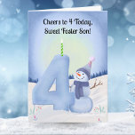 Foster Son 4th Birthday Snowman Snowy Four Card<br><div class="desc">Celebrate your foster son's fourth birthday with this sweet winter illustration featuring a cheerful snowman carefully shaping a big snowy “4.” The soft seasonal palette,  playful snow textures,  and whimsical details create a charming scene perfect for little ones who love winter magic.</div>