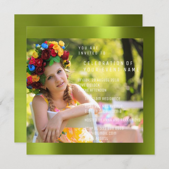 Foto Birthday Party Cali Green Metal Invitation (Front/Back)
