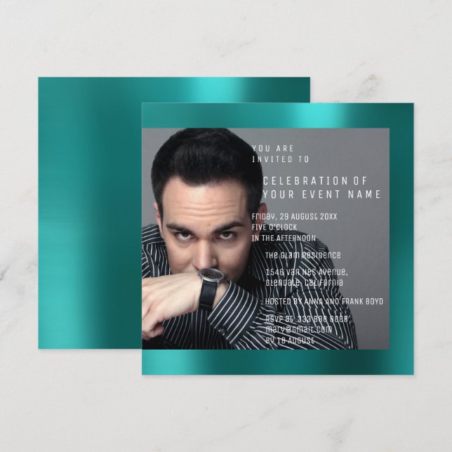 Foto Birthday Party Grey Teal Green VIP  Metallic Invitation (Front/Back)