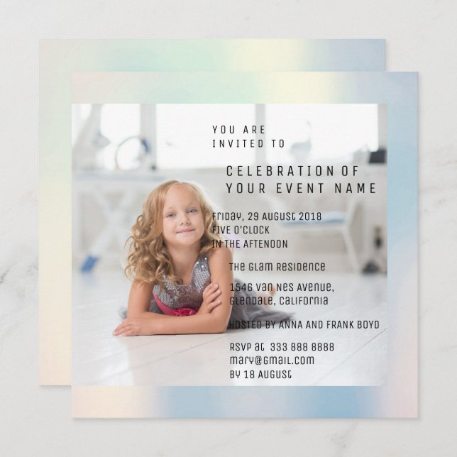 Foto Birthday Party Mother Pearl Metallic Invitation (Front/Back)