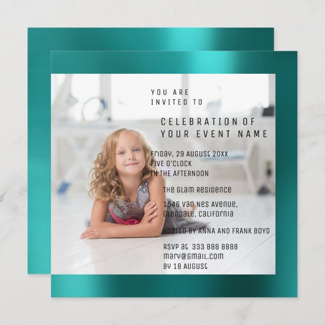 Foto Birthday Party Mother Pearl Teal Metallic Invitation (Front/Back)