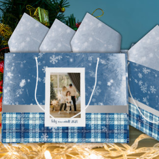 Foto Feliz Navidad Elegante Azul Large Gift Bag