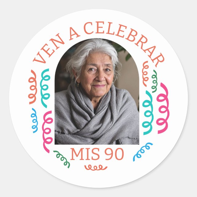 Foto Personalizada Fiesta de 90 Años  Classic Round Sticker (Front)