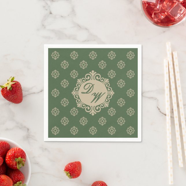 Foulard rosette geometric pattern, sage green napkin (Insitu)