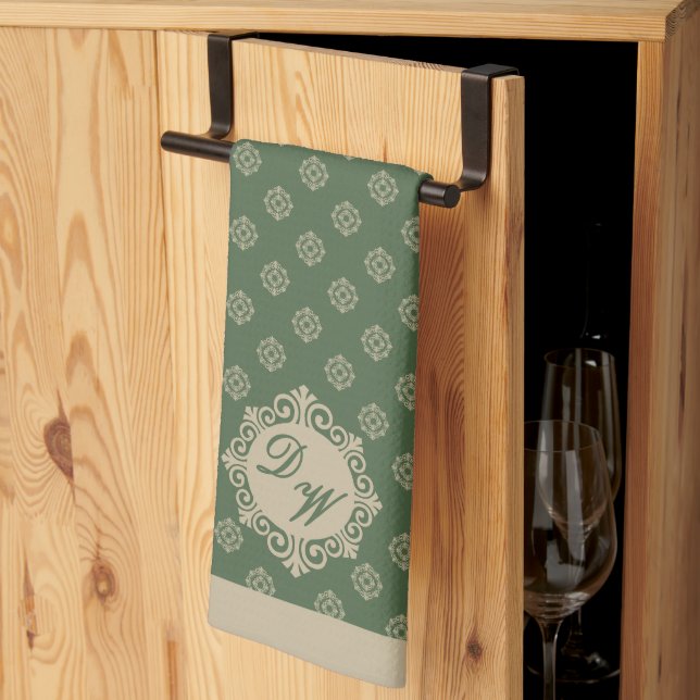 Foulard rosette geometric pattern, sage green tea towel (Thirds Fold)