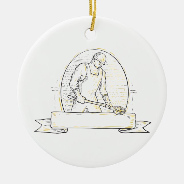 Foundry Worker Steel Ladle Miono Line Ceramic Ornament (Front)