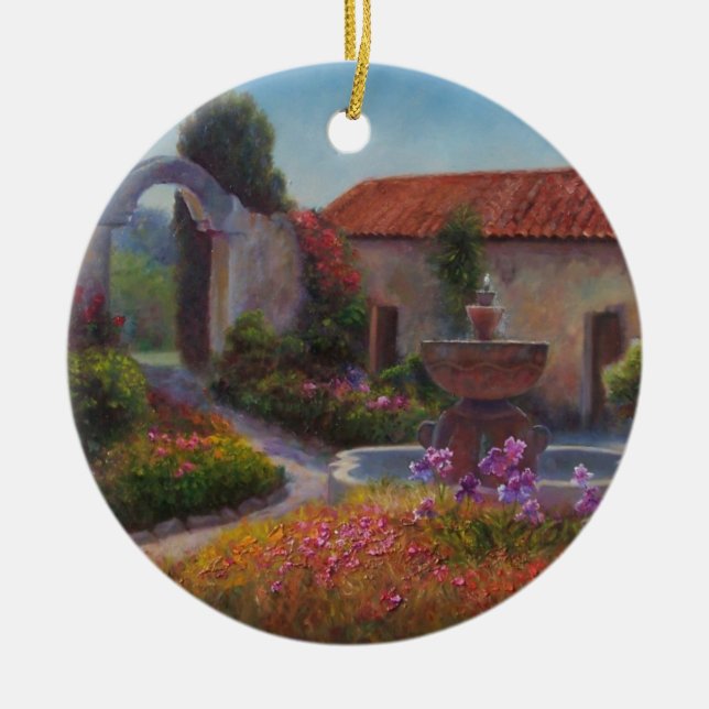 Fountain and Garden at Carmel Mission Ceramic Ornament (Front)