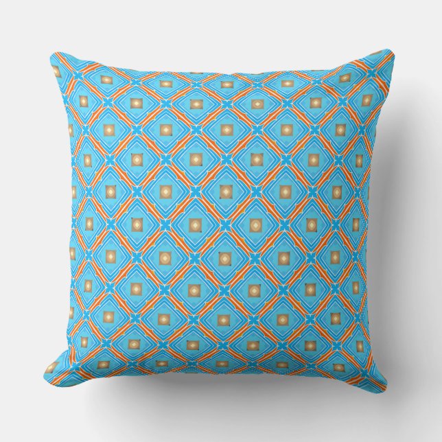 Fountain Blue Squares Orange Laced  Cushion (Front)
