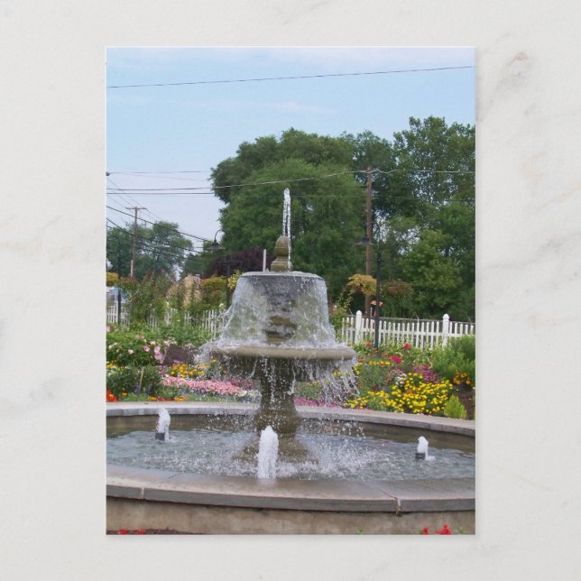 Fountain & Flowers in A Beautiful Railfan Garden Postcard (Front)