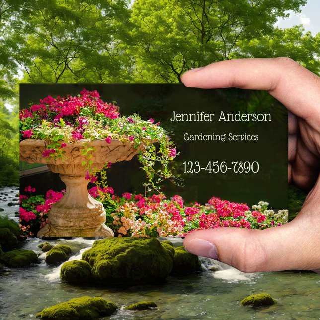 Fountain of Flowers Gardening Business Card (Business card showing a classic Italian vase overflowing with blossoming colorful flowers - gardener)