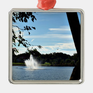 Fountain on Lake Mirror Metal Ornament