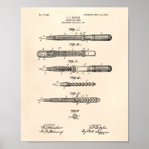 Fountain Pen 1905 Patent Art Old Peper Poster