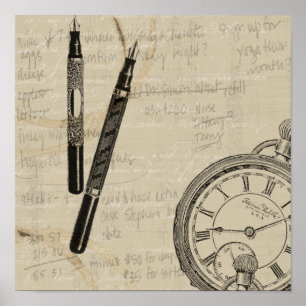 Fountain Pens and Watchface with Notes Poster