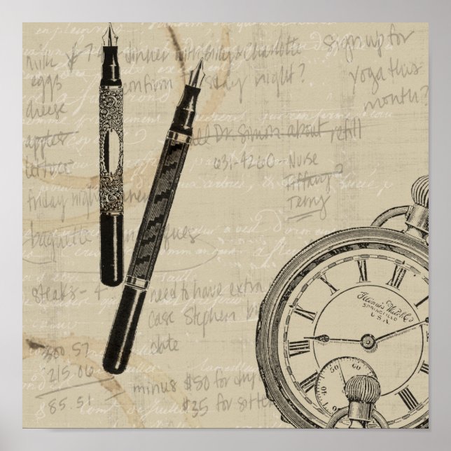 Fountain Pens and Watchface with Notes Poster (Front)