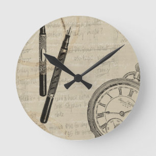 Fountain Pens and Watchface with Notes Round Clock