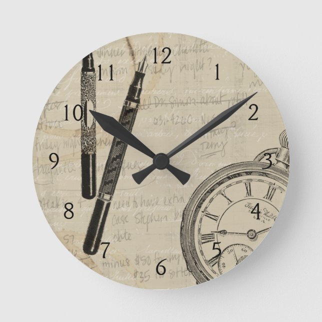 Fountain Pens and Watchface with Notes Round Clock (Front)