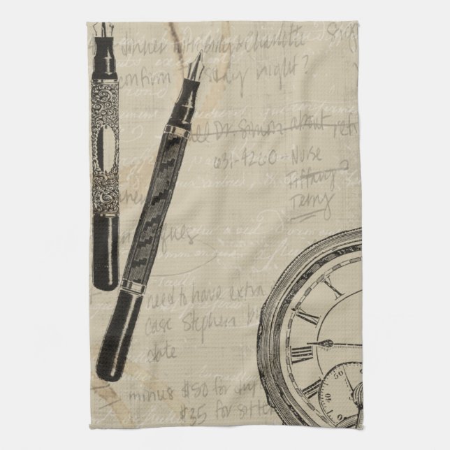 Fountain Pens and Watchface with Notes Tea Towel (Vertical)