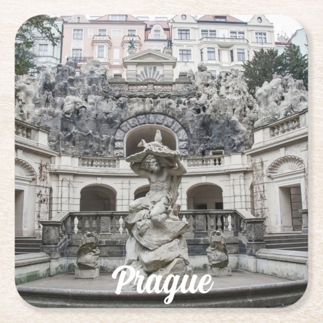 Fountain with Neptune statue in Prague Square Paper Coaster (Front)
