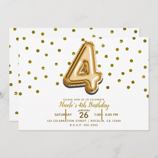 Four 4 Gold Balloon & Confetti 4th Birthday Party Invitation (Front/Back)