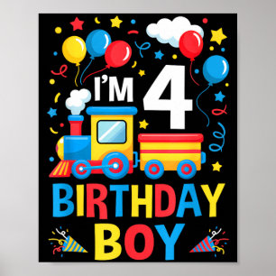 Four 4yr 4th Kids Boys Girls Train Birthday Boy 4 Poster