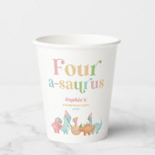 Four A-Saurus Dinosaur 4th Fourth Birthday Party Paper Cups