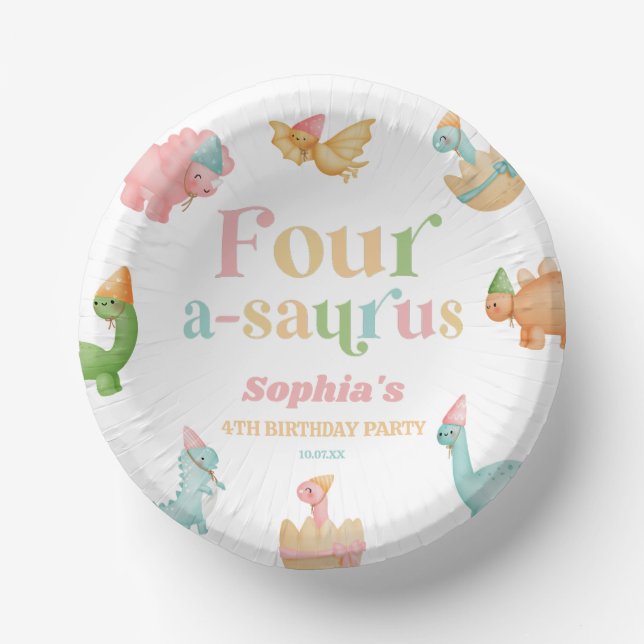 Four A-Saurus Dinosaur 4th Fourth Birthday Party Paper Plate (Front)